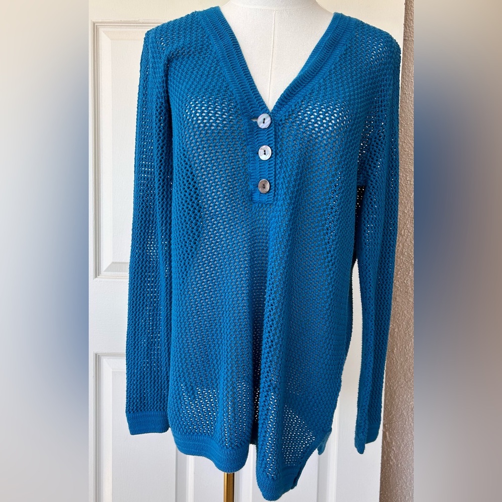 Chico's Teal Blue Open-Knit V-Neck Sweater with Button Placket